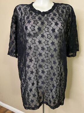 Black star Lace Short-Sleeve mesh sheer goth rock Top M 🖤🖤